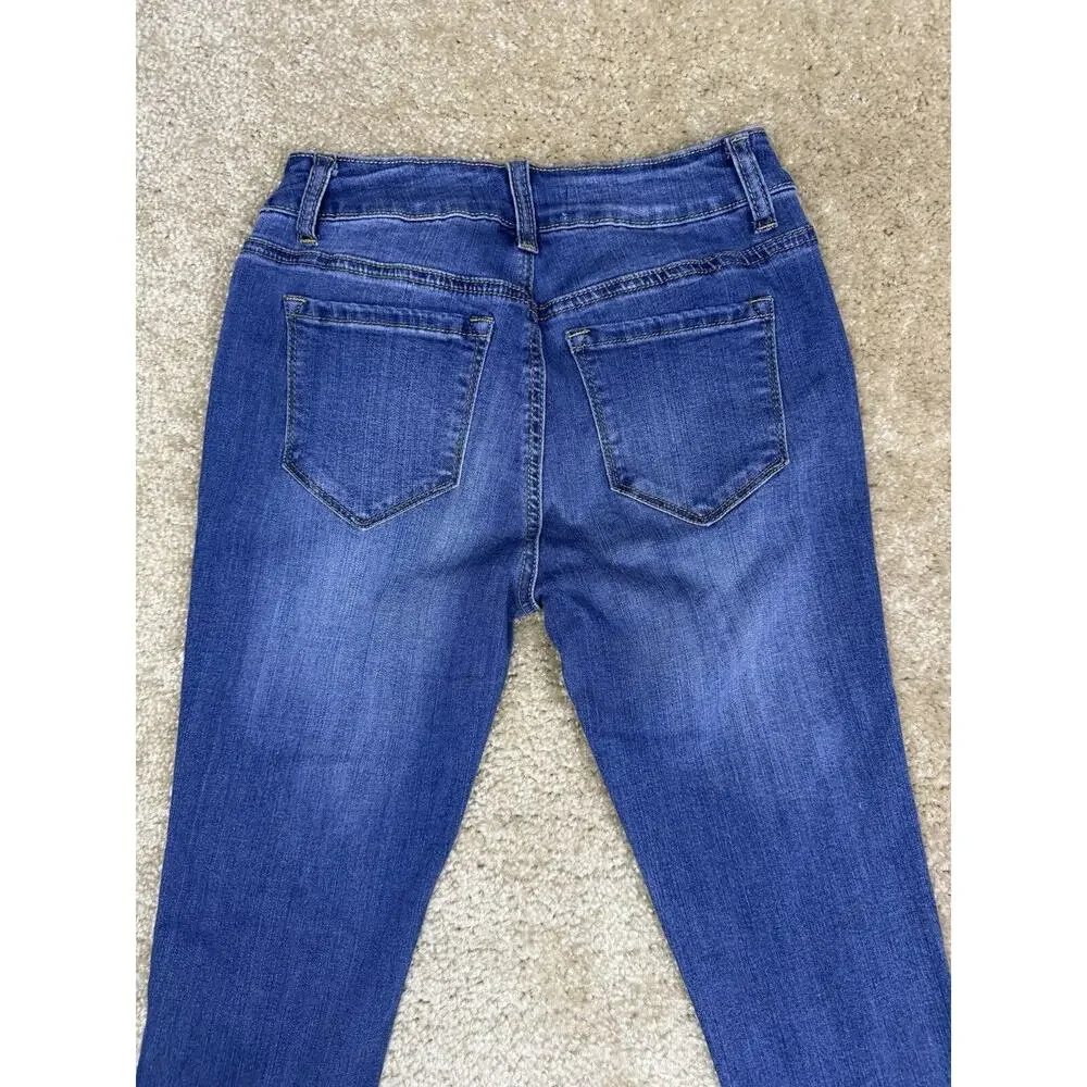 Encore Jeans Skinny Distressed Dark Wash Size 3 Stretch Raw Hem A530 - Picture 7 of 11